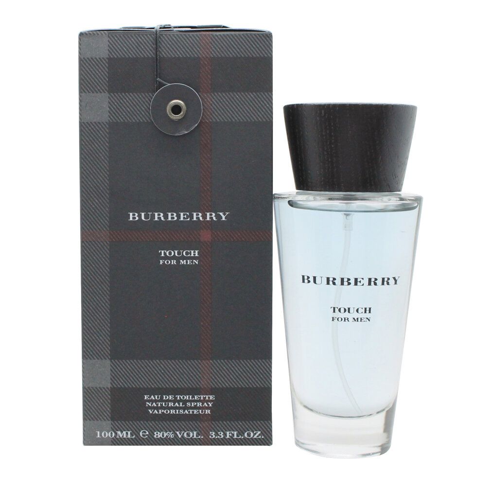 Flacone e confezione Burberry Touch for Men. Flacone con tappo nero, accanto confezione con logo.