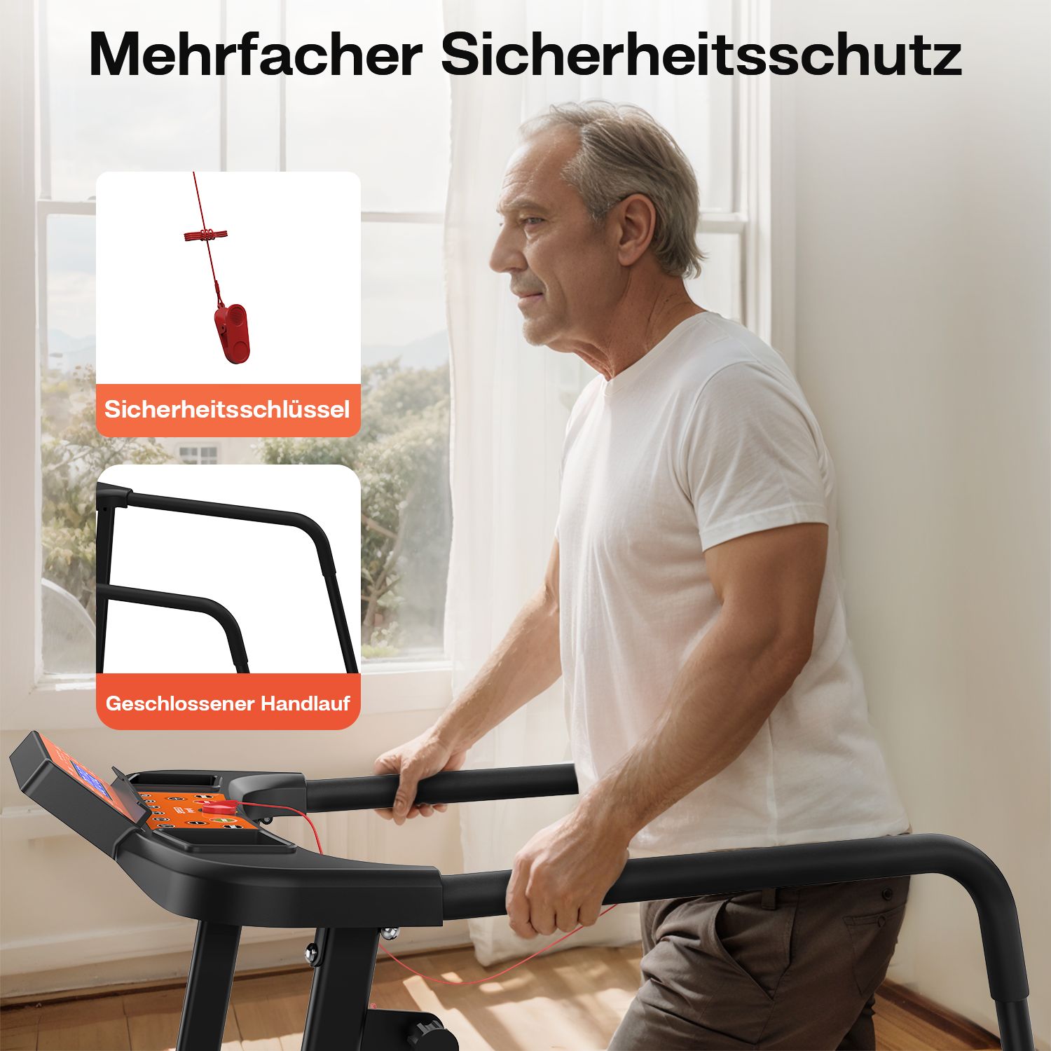 Tapis roulant nero con corrimano. Vengono mostrate le caratteristiche di sicurezza. Testo: Protezione di sicurezza multipla, chiave di sicurezza, corrimano chiuso.