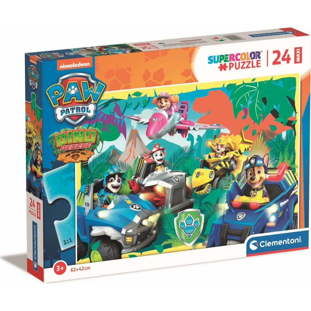 Scatola puzzle Paw Patrol, 24 pezzi, formato Maxi. Logo Nickelodeon e marchio Clementoni visibili. Età: 3+.