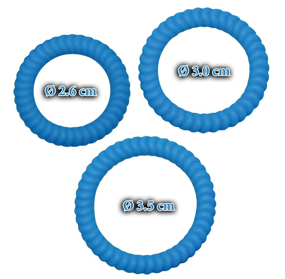 Tre anelli blu per pene con superficie scanalata. Diametri: 2,6 cm, 3,0 cm, 3,5 cm.