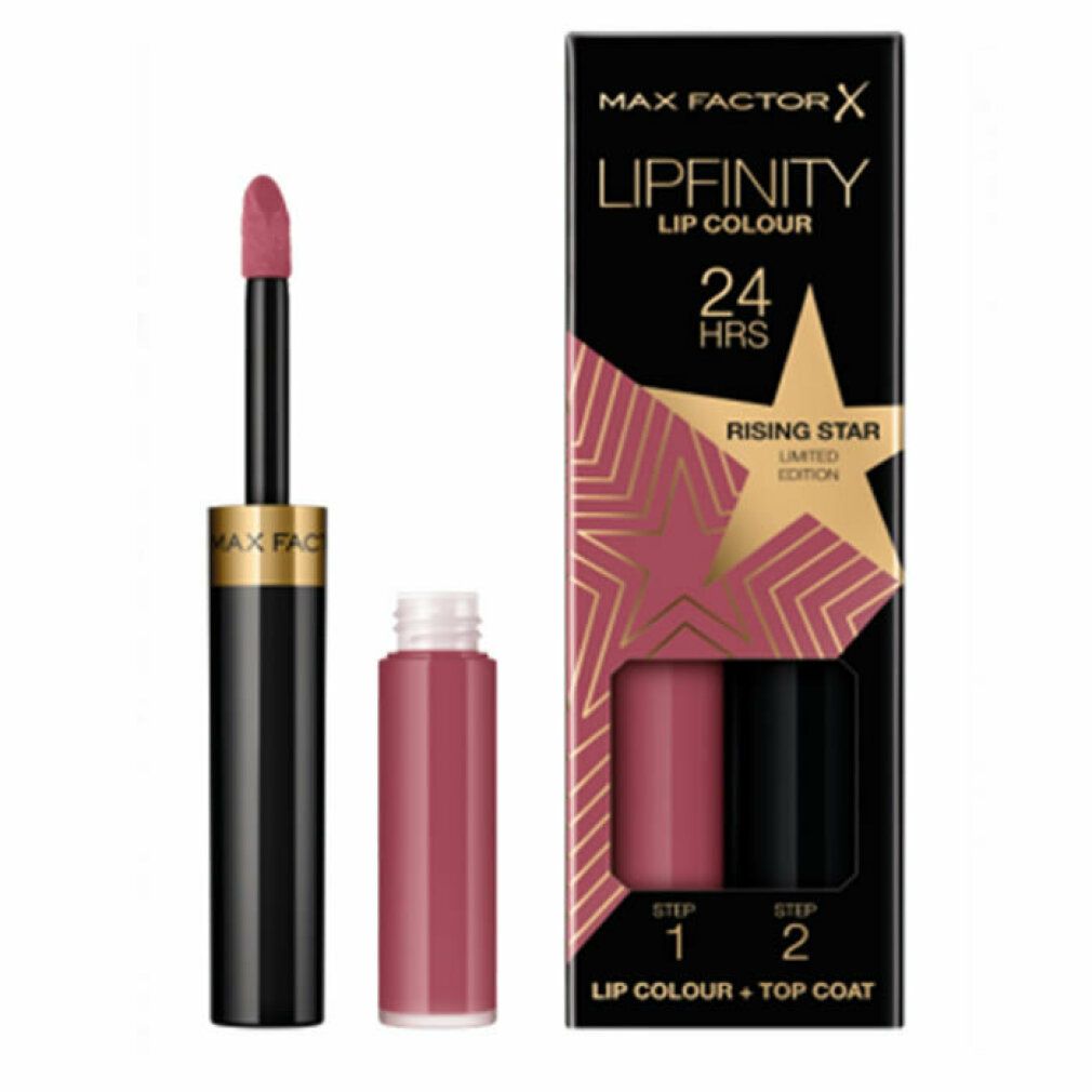 Rossetto e confezione Max Factor Lipfinity. Penna nera, colore rosa. Confezione nera con stelle.