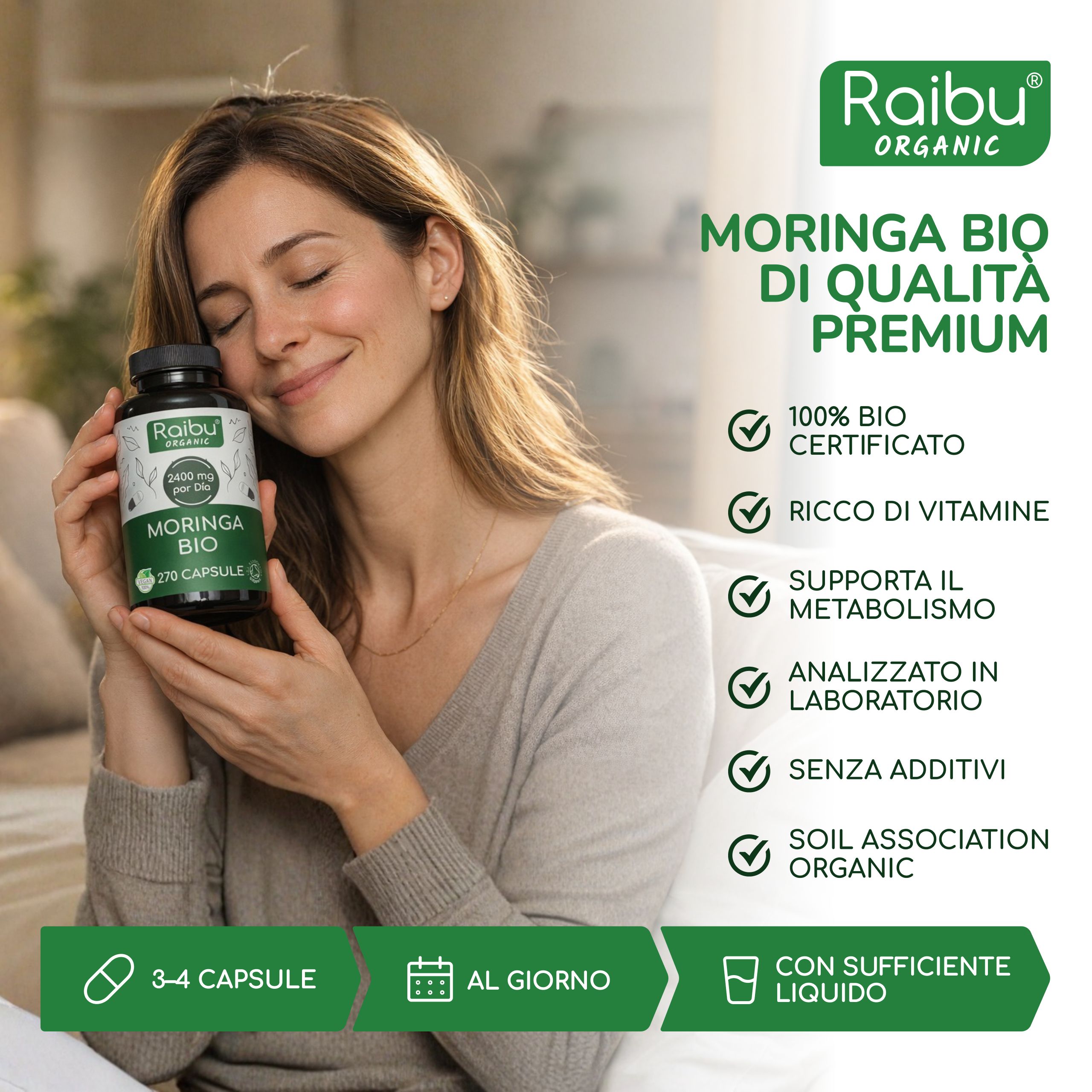 Moringa Capsule BIO, 2400 mg per Dose - Fonte di Vitamine, Minerali e Proteine - RAIBU