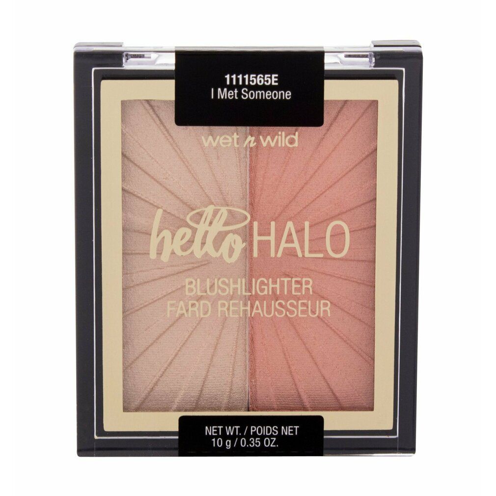 Blushlighter bicolore. Marchio: Wet n Wild. Testo: Hello Halo, Blushlighter Fard Rehausseur. Confezione con testo.