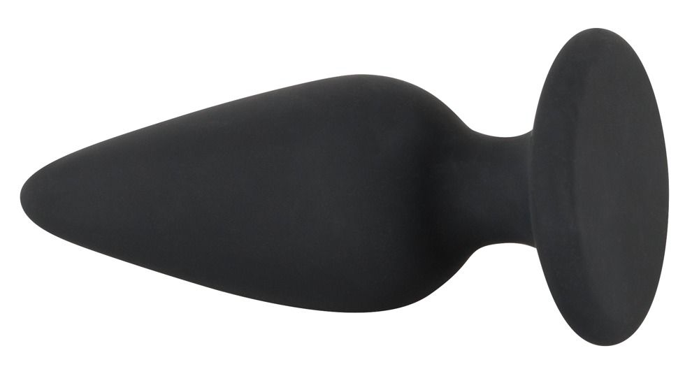 Plug anale nero con base. Punta conica, base rotonda. Vista orizzontale.