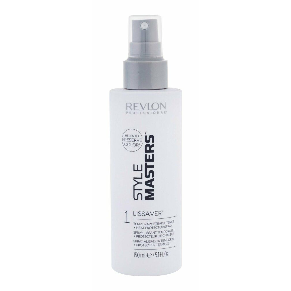 Flacone spray bianco con erogatore grigio. Scritte: Revlon Professional, Style Masters, Lissaver, 150ml.
