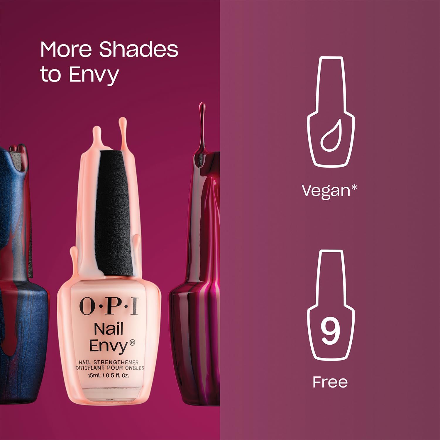 Flaconi di smalto con colature di colore. Flacone O.P.I Nail Envy. Testo: Vegan, 9 Free. Sfondo viola e rosso.