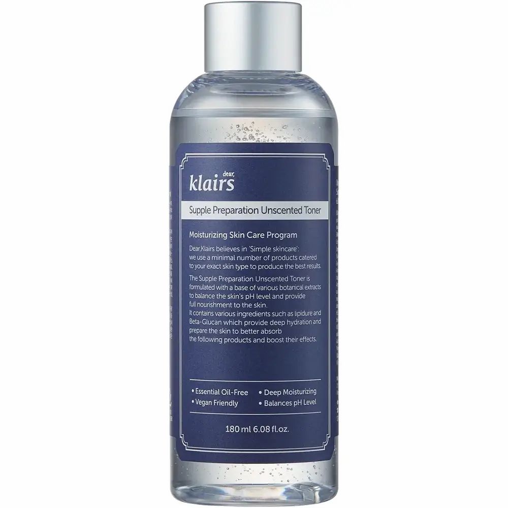 Flacone trasparente con tappo argentato ed etichetta viola. Testo: Dear Klairs Supple Preparation Unscented Toner. 180 ml.