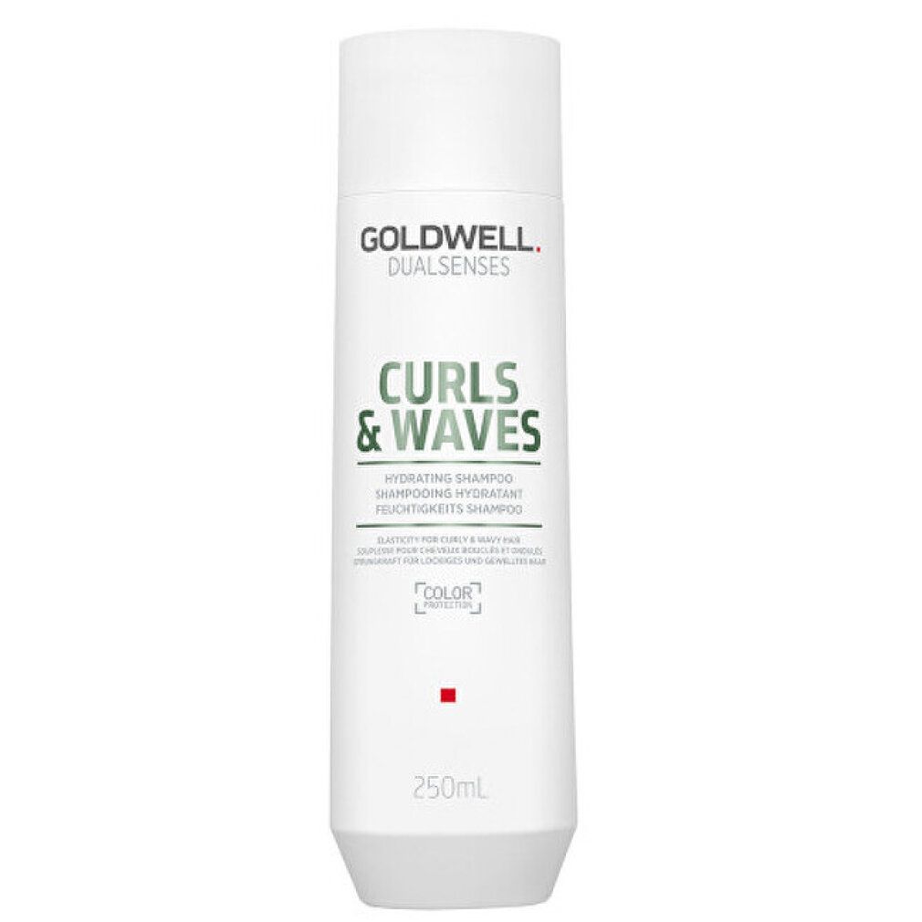 Goldwell Dual Senses Curls & Waves Shampoo. Flacone bianco. Testo: Curls & Waves, Hydrating Shampoo. 250mL.