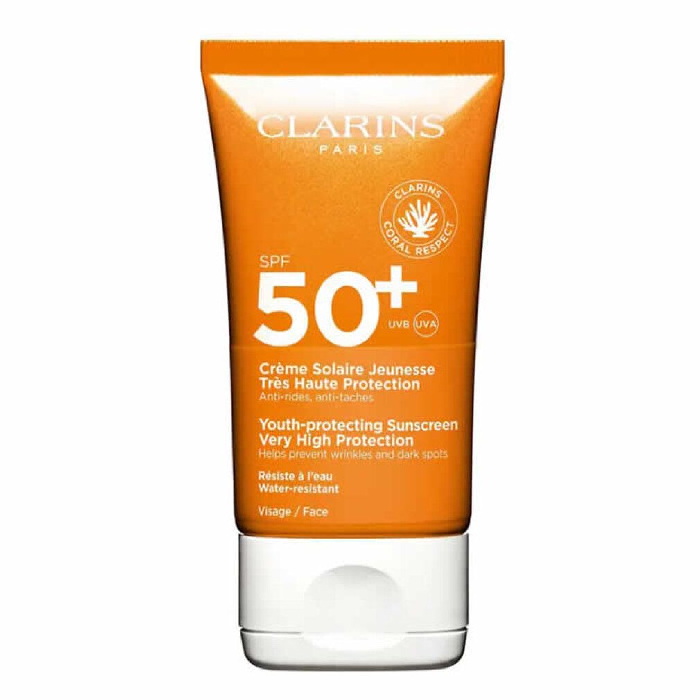 Tubo arancione e bianco. Testo: Clarins Paris, SPF 50+, Crème Solaire Jeunesse, Très Haute Protection, Anti-rughe, anti-macchie.
