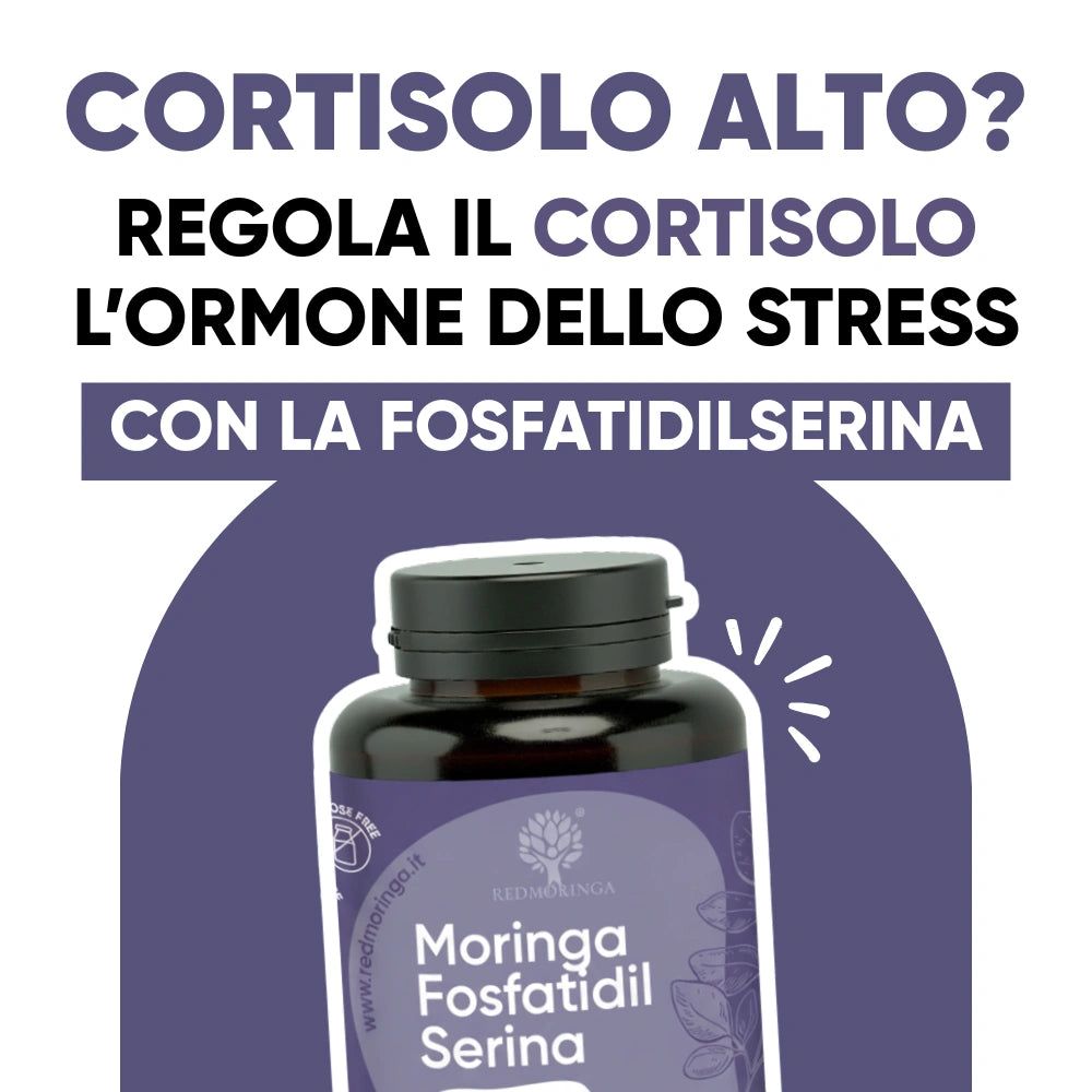 Flacone con prodotto. Testo: Cortisolo alto? Regola il cortisolo l'ormone dello stress con la fosfatidilserina.