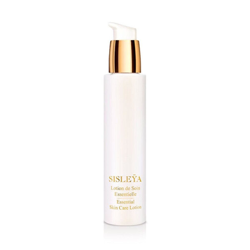 Flacone bianco Sisley Sisleya Lotion de Soin Essentielle con erogatore dorato. Nome e informazioni.