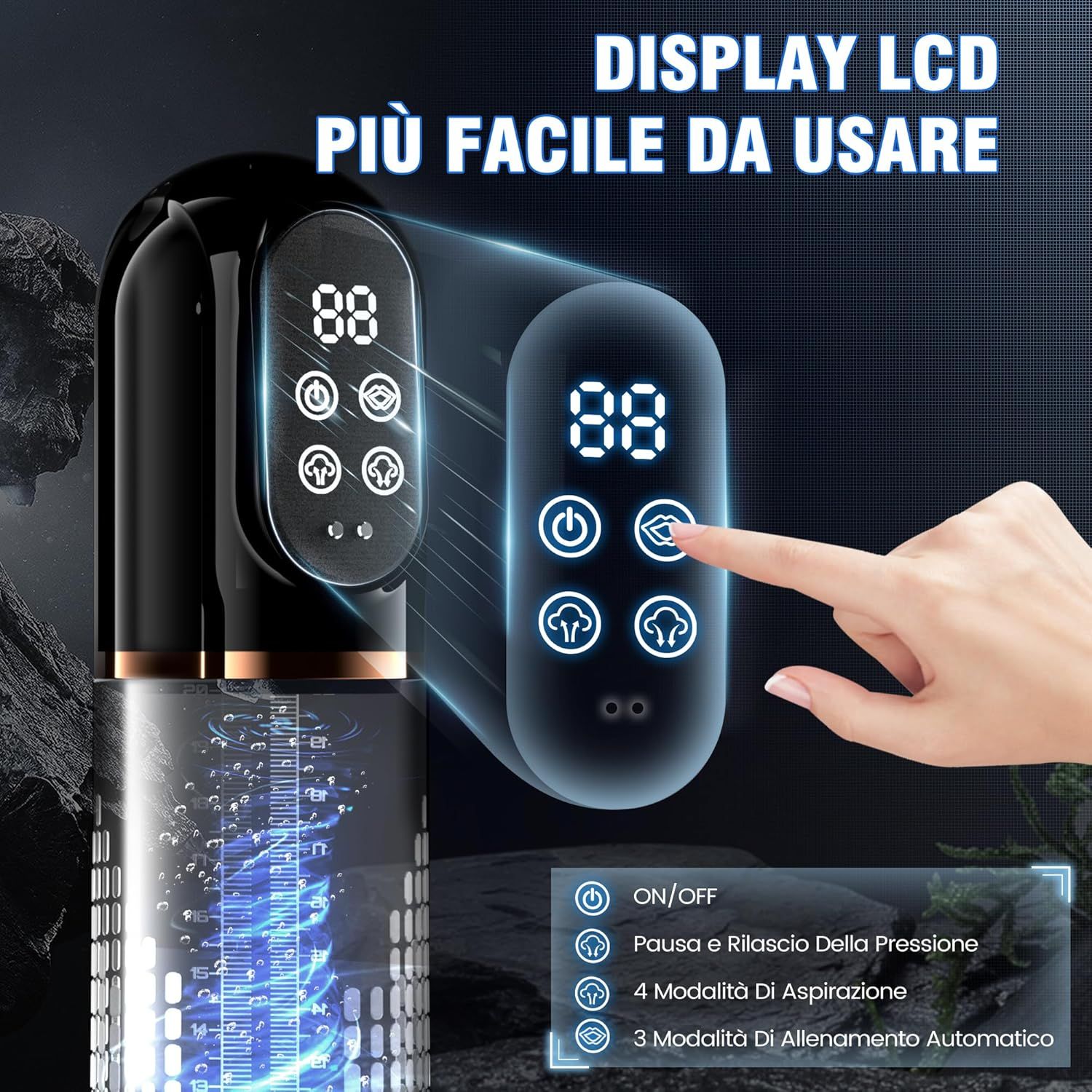 Pompa con display digitale. Funzionamento tramite pulsanti touch. Corpo nero con dettagli dorati.