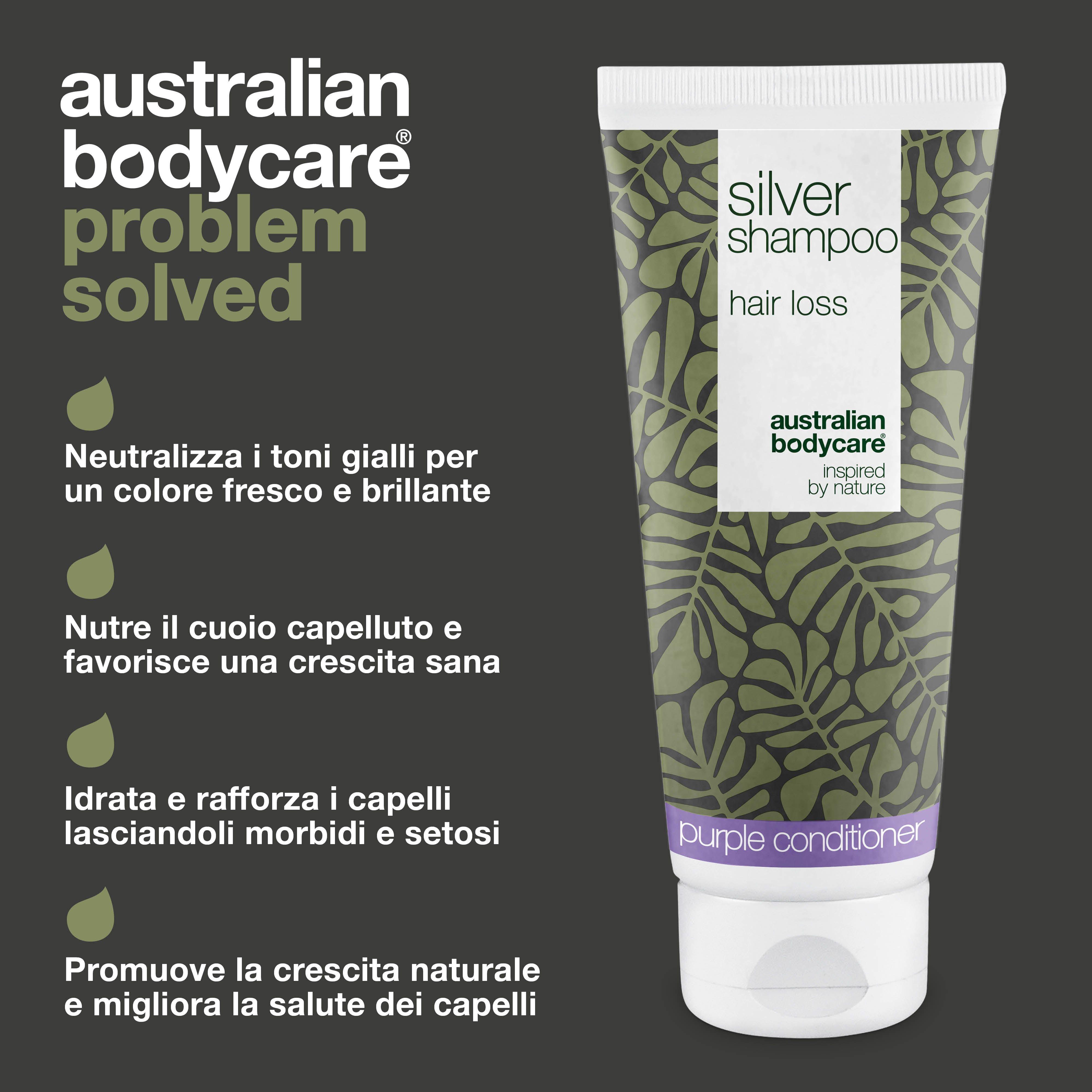 Tubo di shampoo e testo. Testo: neutralizza i toni gialli, nutre il cuoio capelluto, rinforza i capelli. Marchio: Australian Bodycare.