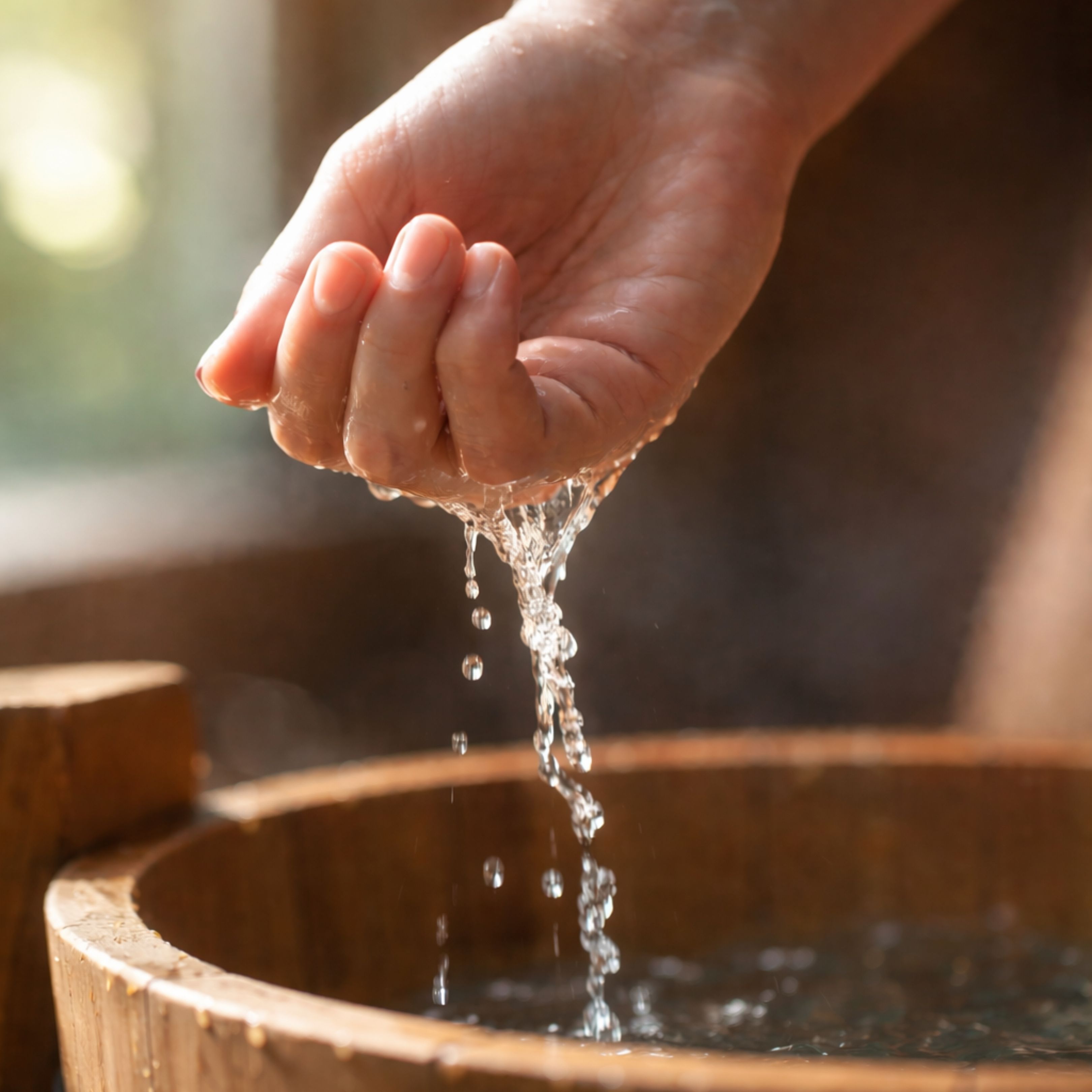 Mano versa acqua in un secchio di legno. Getto d'acqua. Struttura in legno. Contesto sauna.