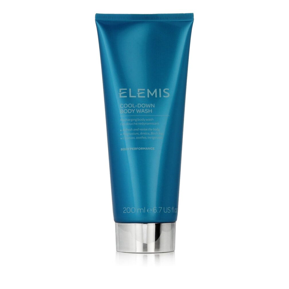 Tubo blu-argento con scritta Elemis Cool-Down Body Wash. Capacità: 200 ml / 6.7 US fl oz.
