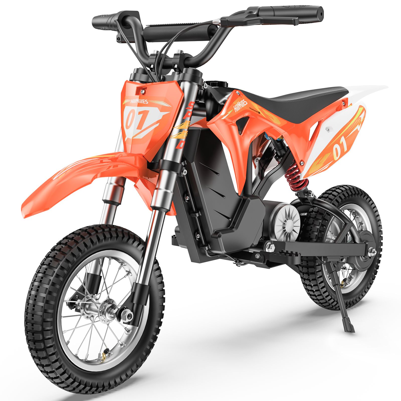 Moto cross elettrica arancione per bambini. Pneumatici, manubrio e sella neri. Dettagli bianchi e neri. Numero 01.