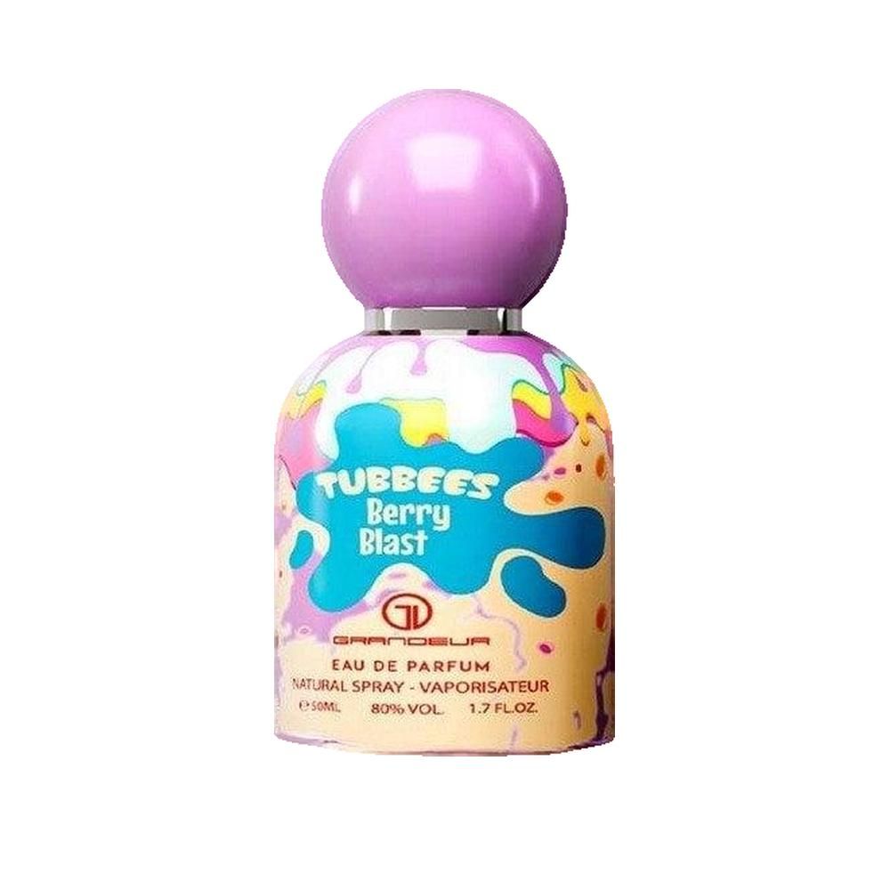 Flacone di profumo con tappo a sfera viola. Scritta: Tubbees Berry Blast. Decorazione colorata a gocce. Collo argentato.