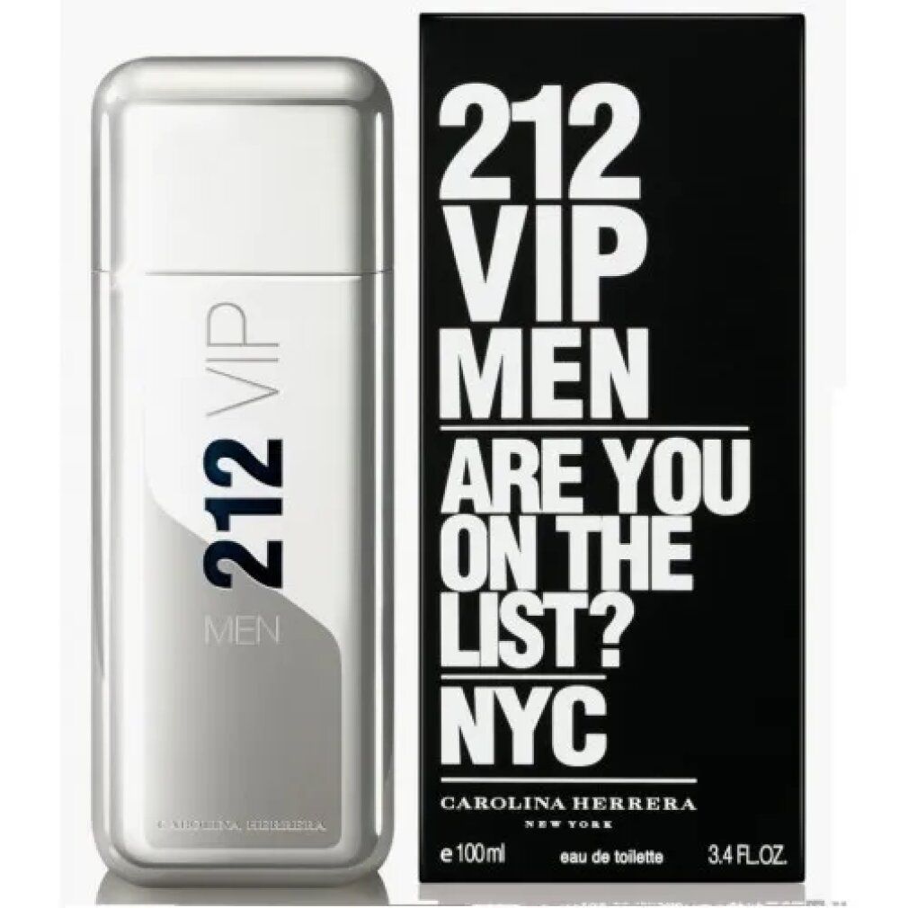 Flacone argentato e scatola nera. Scritta: 212 VIP MEN, ARE YOU ON THE LIST? NYC. Marchio Carolina Herrera.