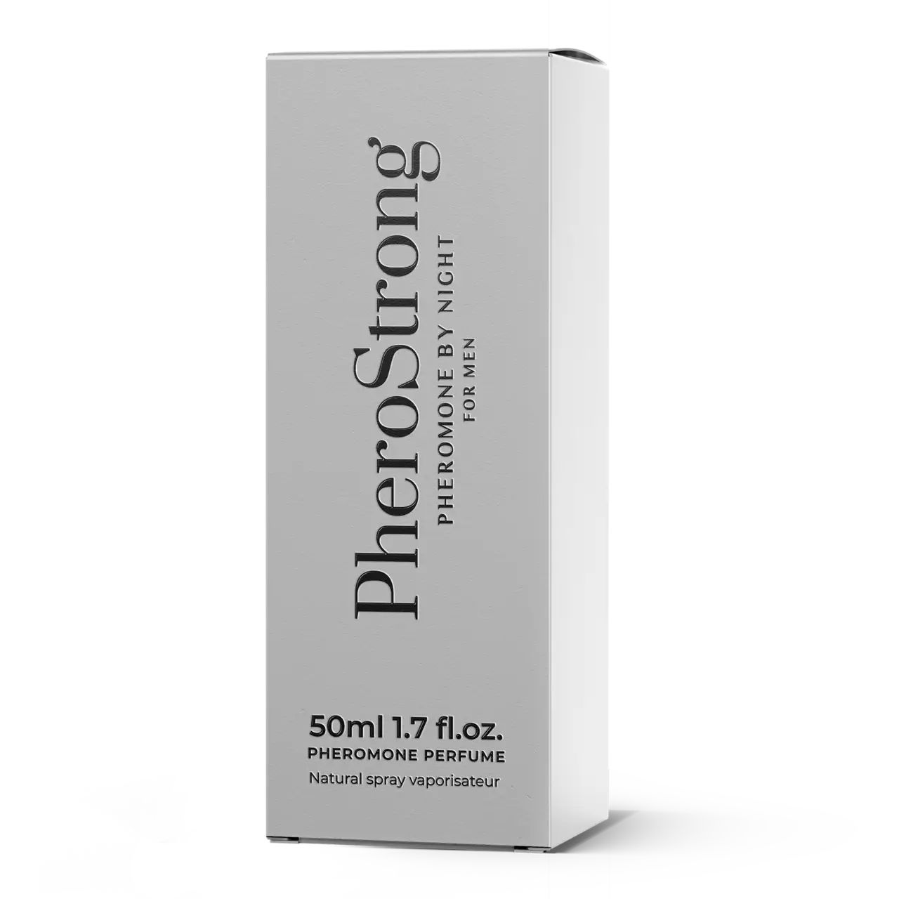 Confezione bianca. Scritta PheroStrong, Pheromone By Night For Men. 50ml.