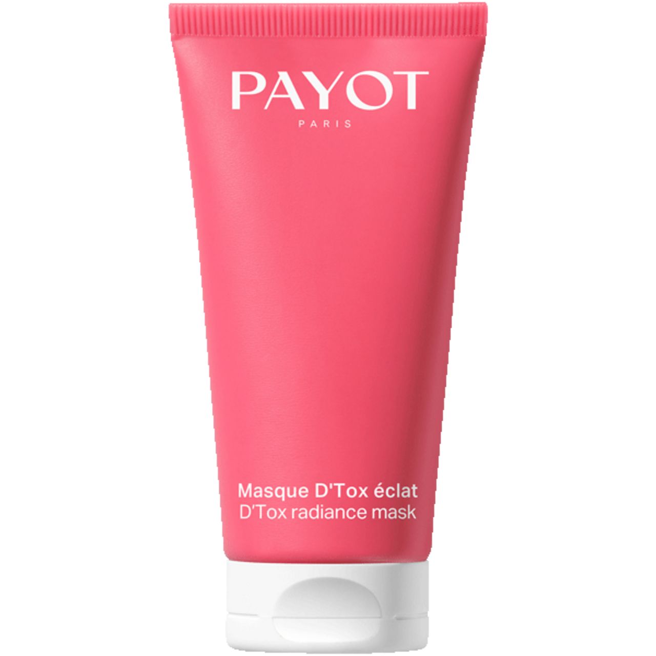 Tubo rosa con tappo bianco. PAYOT PARIS in alto. Sotto: Masque D'Tox éclat, D'Tox radiance mask.