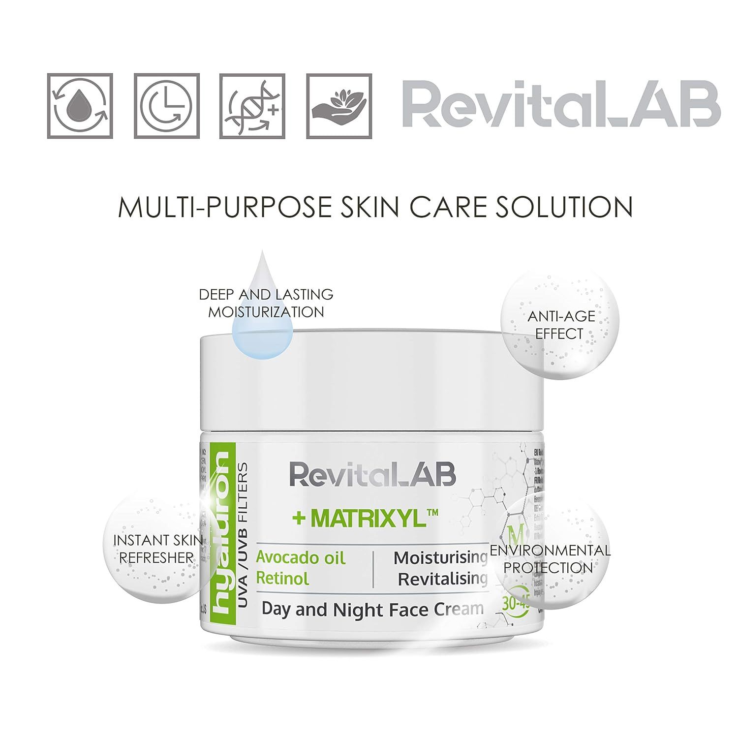 Vaso di crema RevitaLAB Hyaluron Matrixyl, crema giorno e notte. Contiene olio di avocado, retinolo, filtri UVA/UVB.