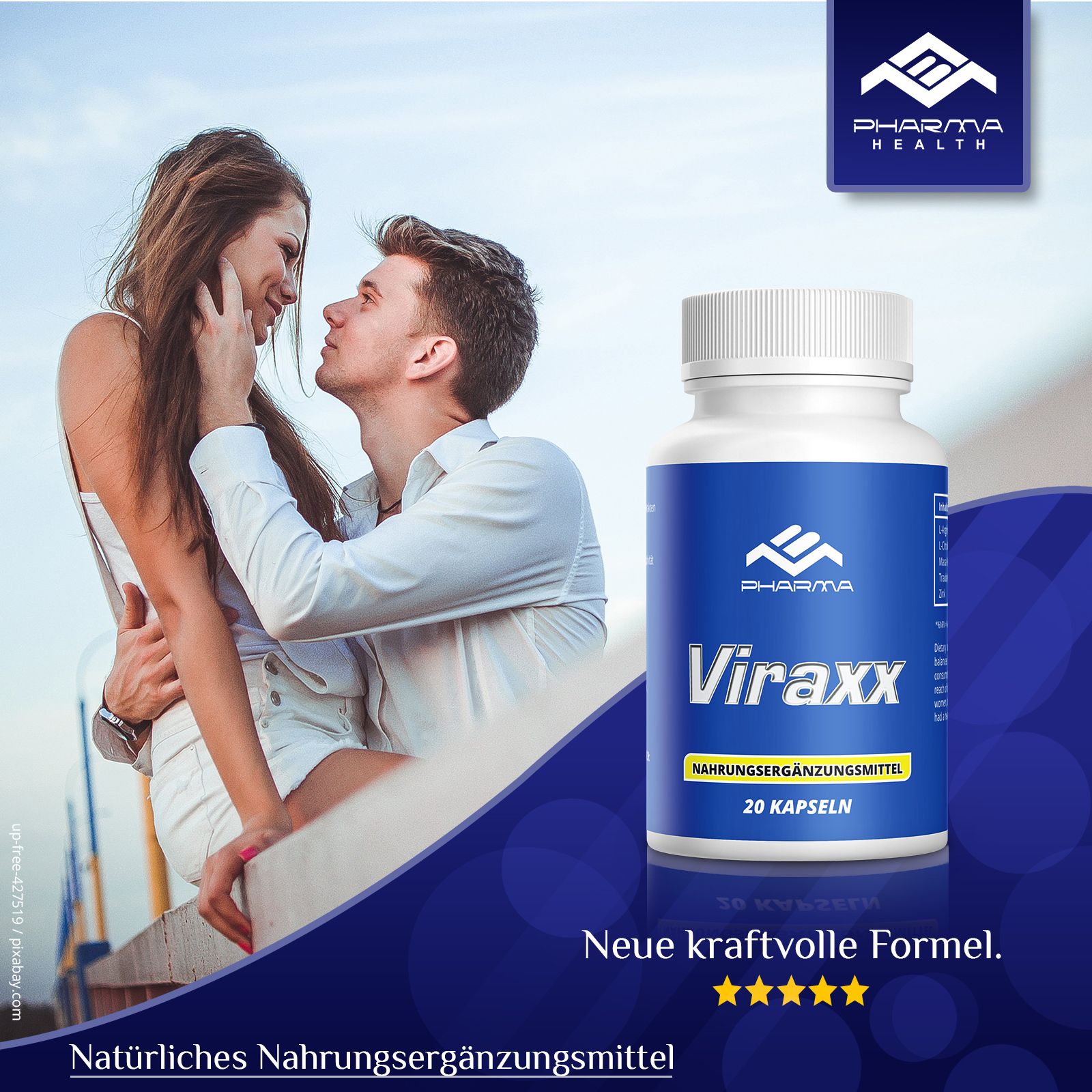 Immagine pubblicitaria con flacone Viraxx, Pharma. Testo: Integratore alimentare naturale, Nuova formula potente. Coppia al mare.