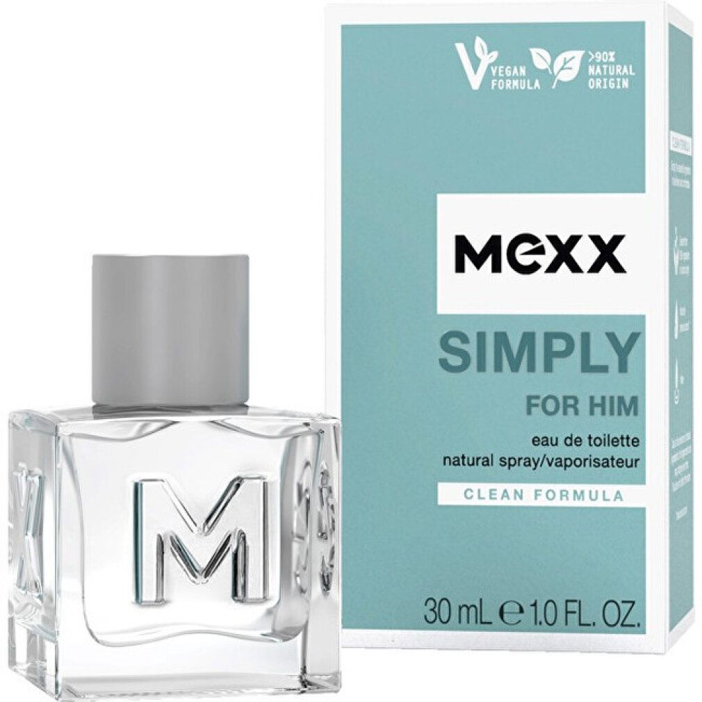 Flacone in vetro e confezione. Sulla confezione 'MEXX SIMPLY FOR HIM'. Loghi vegano e origine naturale.