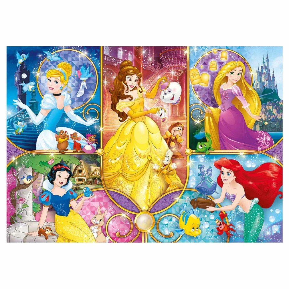 Puzzle completo Principesse Disney. Cenerentola, Belle, Rapunzel, Biancaneve e Ariel. 104 pezzi.