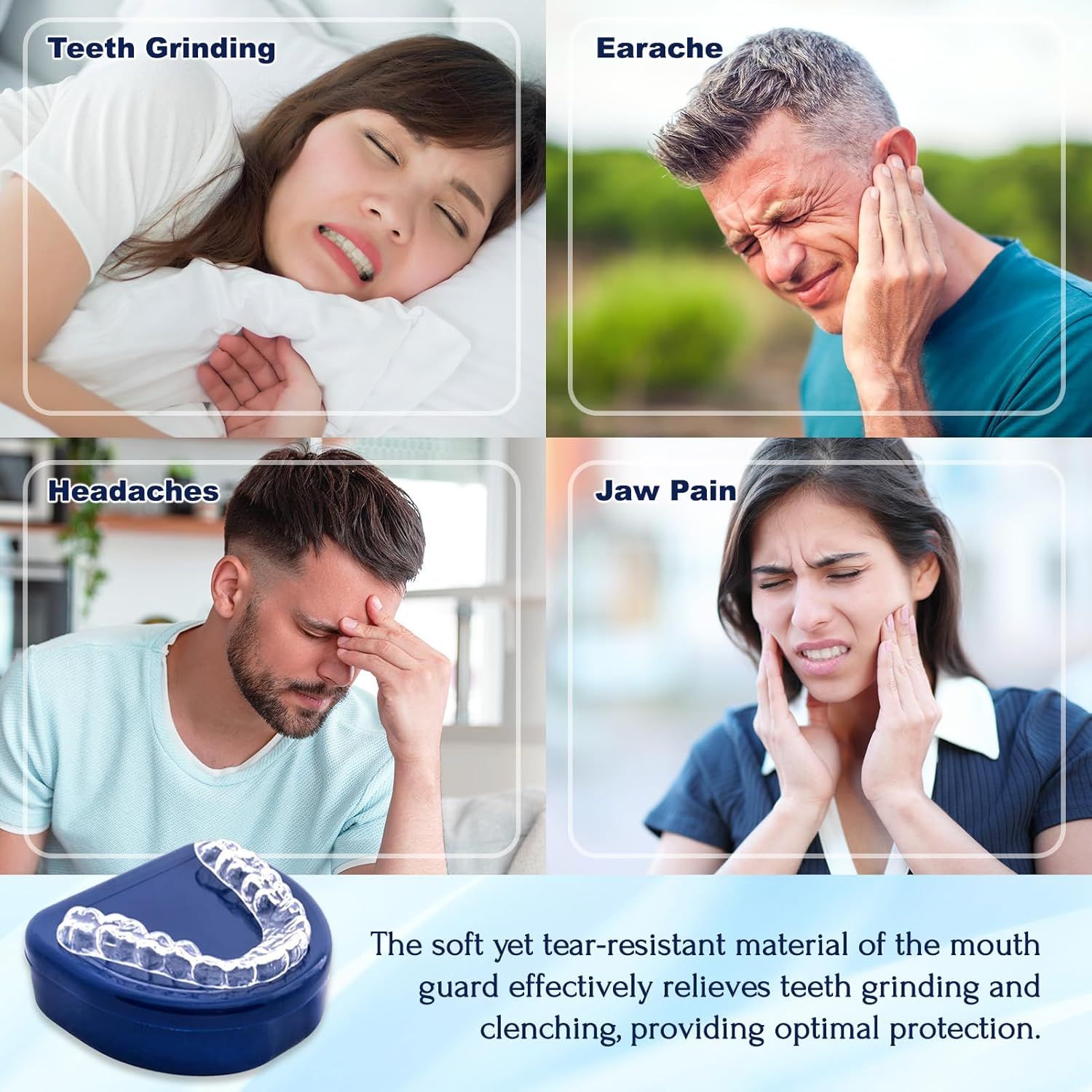 Immagini di persone con sintomi: digrignamento dei denti, mal d'orecchi, mal di testa, dolore alla mascella. Paradenti in scatola blu.