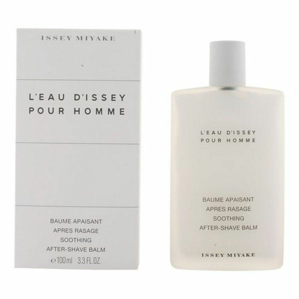 Flacone e confezione bianchi. Testo L'Eau d'Issey pour Homme. Testo: Baume Apaisant, Après Rasage, Soothing, After-Shave Balm. Marchio: Issey Miyake.