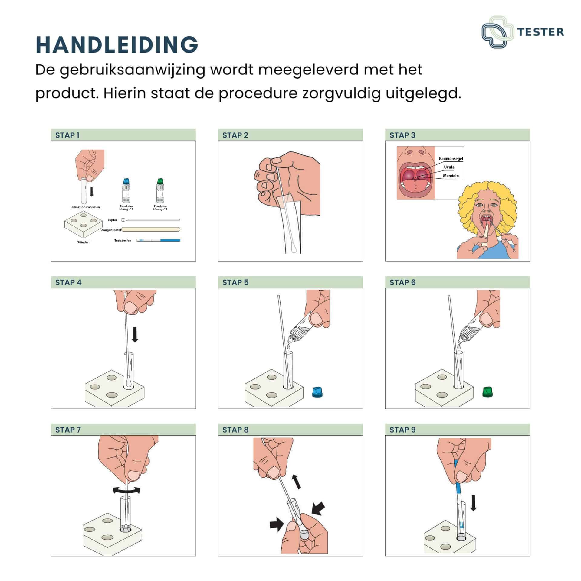 Istruzioni per il test Strep A in 9 passaggi con illustrazioni.