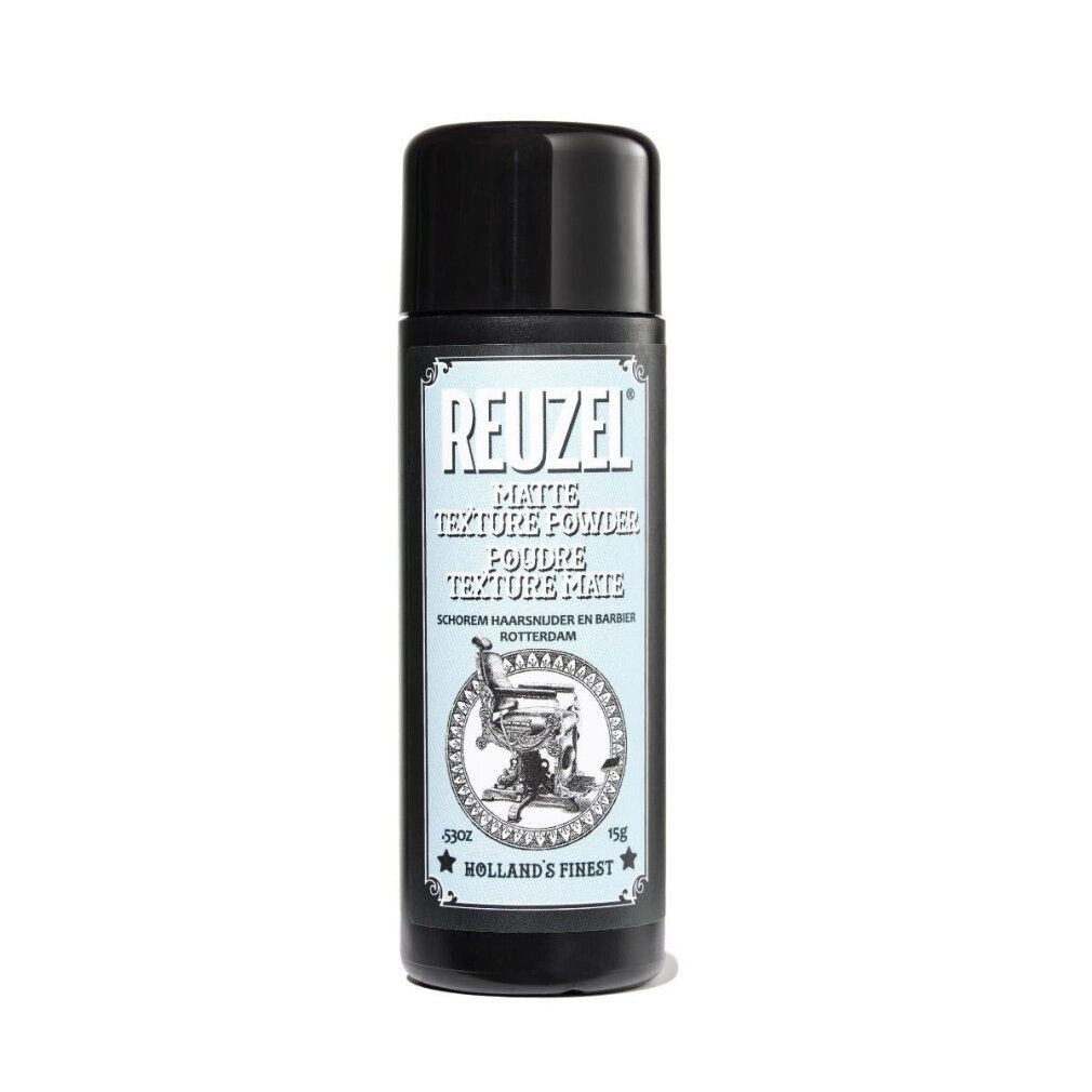 Flacone Reuzel Matte Texture Powder con tappo nero ed etichetta raffigurante una poltrona da barbiere.