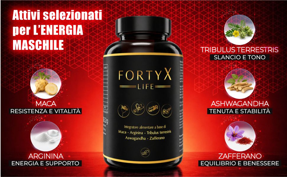 Flacone FORTYX LIFE con ingredienti: Maca, Arginina, Tribulus, Ashwagandha, Zafferano. Sfondo rosso.
