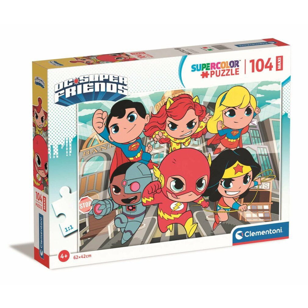 Puzzle Clementoni DC Super Friends Maxi, 104 pezzi. Confezione con illustrazioni di supereroi. Età: 4+. Dimensioni: 62x42cm.