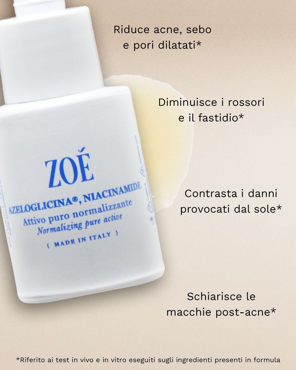 Flacone bianco con contagocce. Scritta: ZOE, AZELOGLICINA, NIACINAMIDE, Attivo puro normalizzante. Testo a lato.