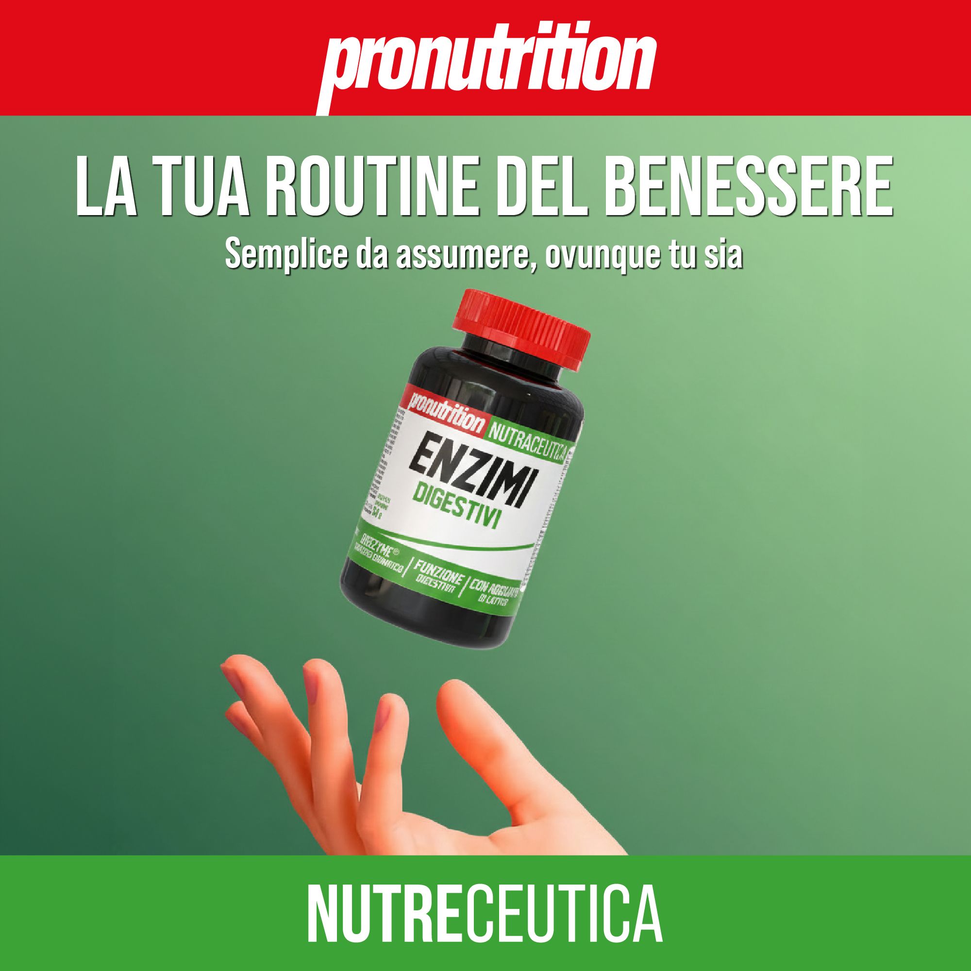 Flacone marrone con tappo rosso. Scritta: Enzimi Digestivi. Mano che tiene il flacone. Sfondo verde.