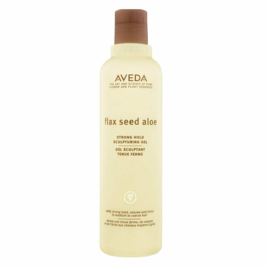 Gel per capelli Aveda. Bottiglia giallastra, tappo marrone. Testo: "flax seed aloe", "STRONG HOLD SCULPTURING GEL".