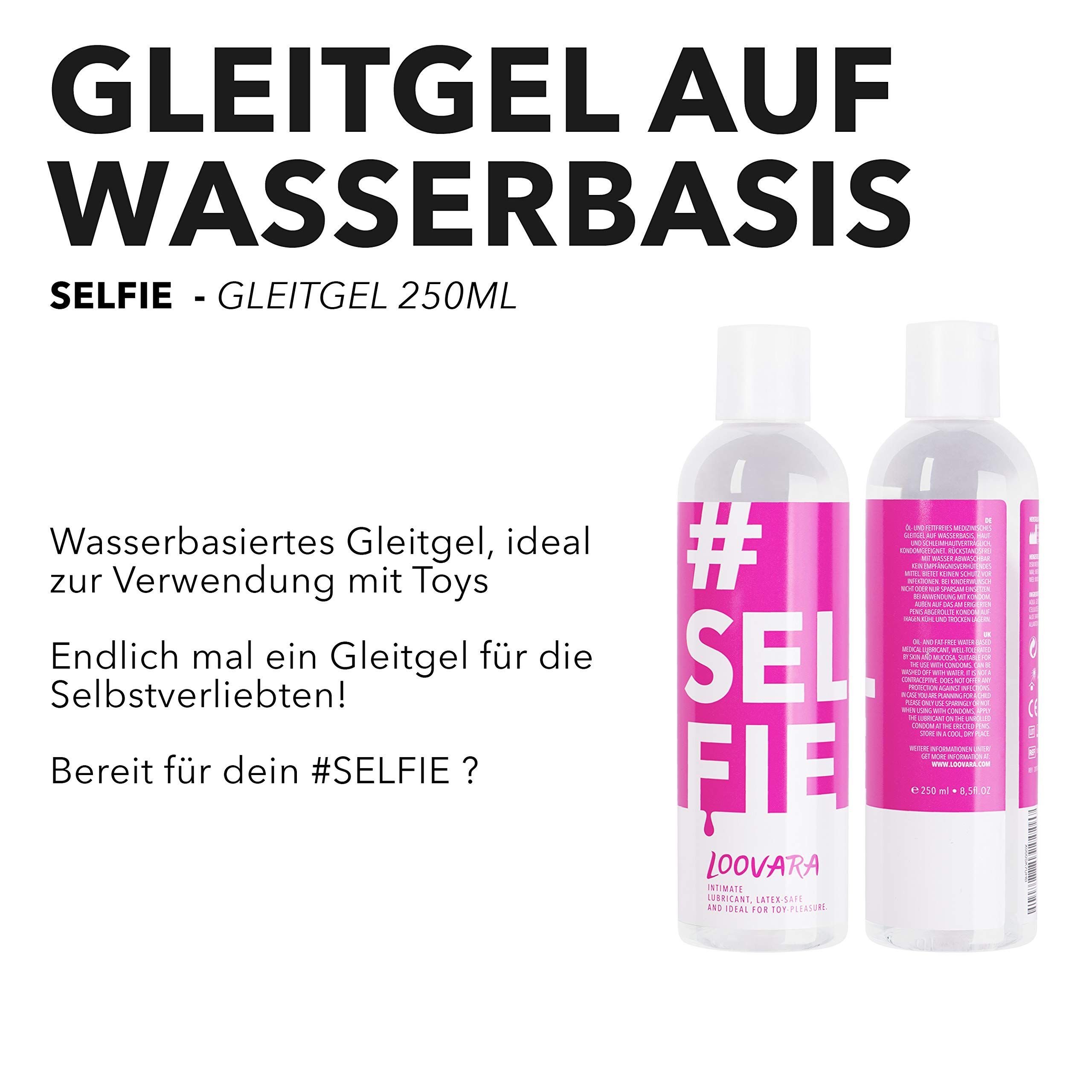 Due flaconi di LOOVARA Gleitgel SELFIE, uno con etichetta rosa, l'altro con etichetta bianca.