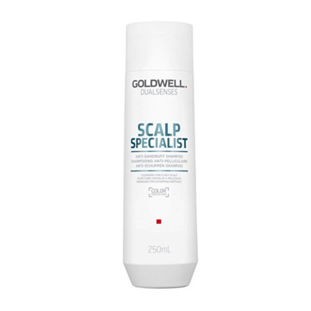 Flacone di shampoo bianco con logo Goldwell e nome del prodotto. Testo: Shampoo antiforfora. 250 ml.