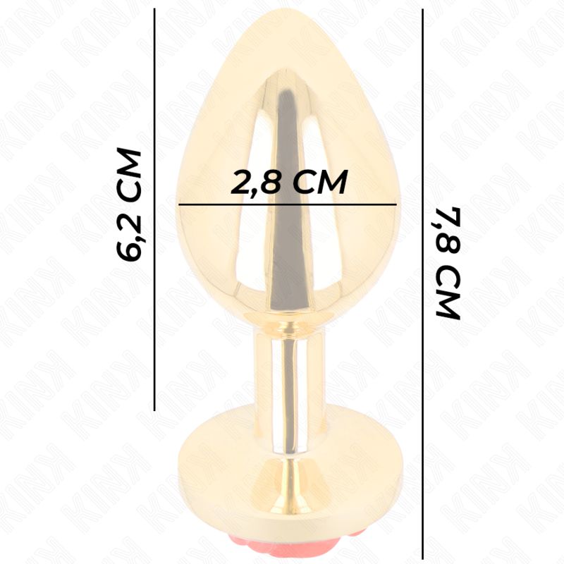 Dimensioni di un plug anale dorato con rosa rossa: 7,8 cm di lunghezza, 2,8 cm di larghezza.