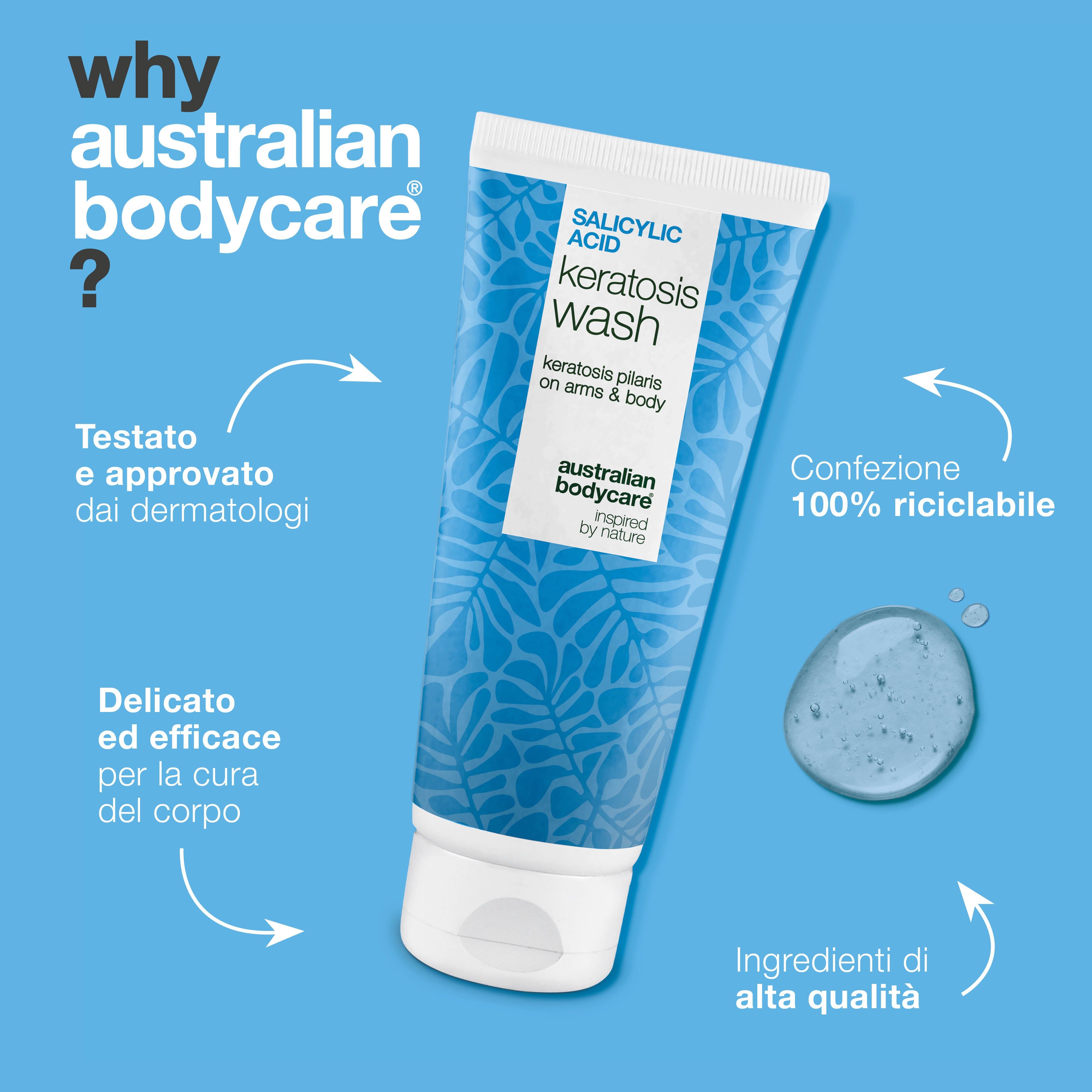 Tubo con testo: Salicylic Acid Keratosis Wash. Marchio: Australian Bodycare. Testo: Confezione 100% riciclabile.