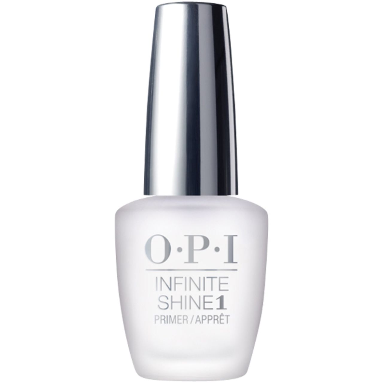 Flacone OPI Infinite Shine Base Coat. Tappo argentato. Scritta: O.P.I, Infinite Shine 1, Primer/Apprêt.