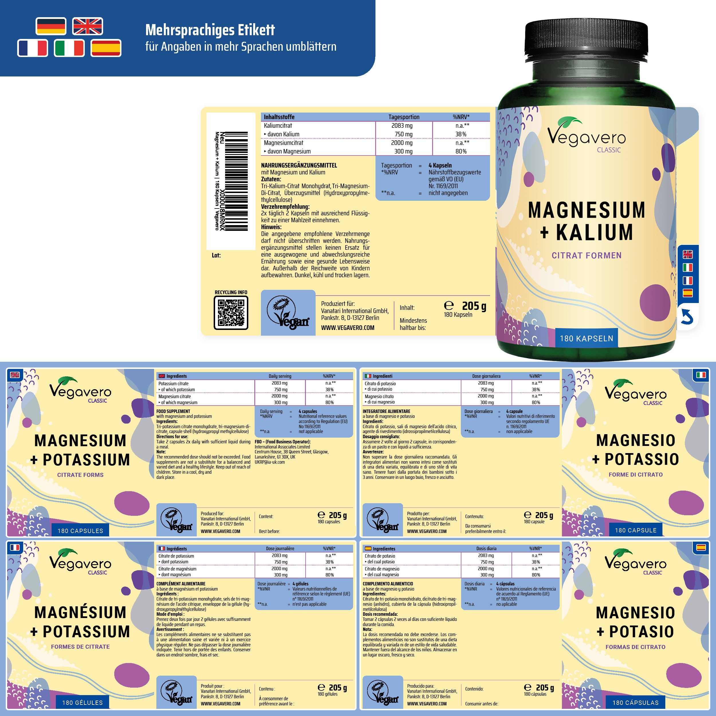 Etichetta multilingue con informazioni. Flacone di Magnesio + Potassio. Diverse etichette con informazioni in varie lingue.