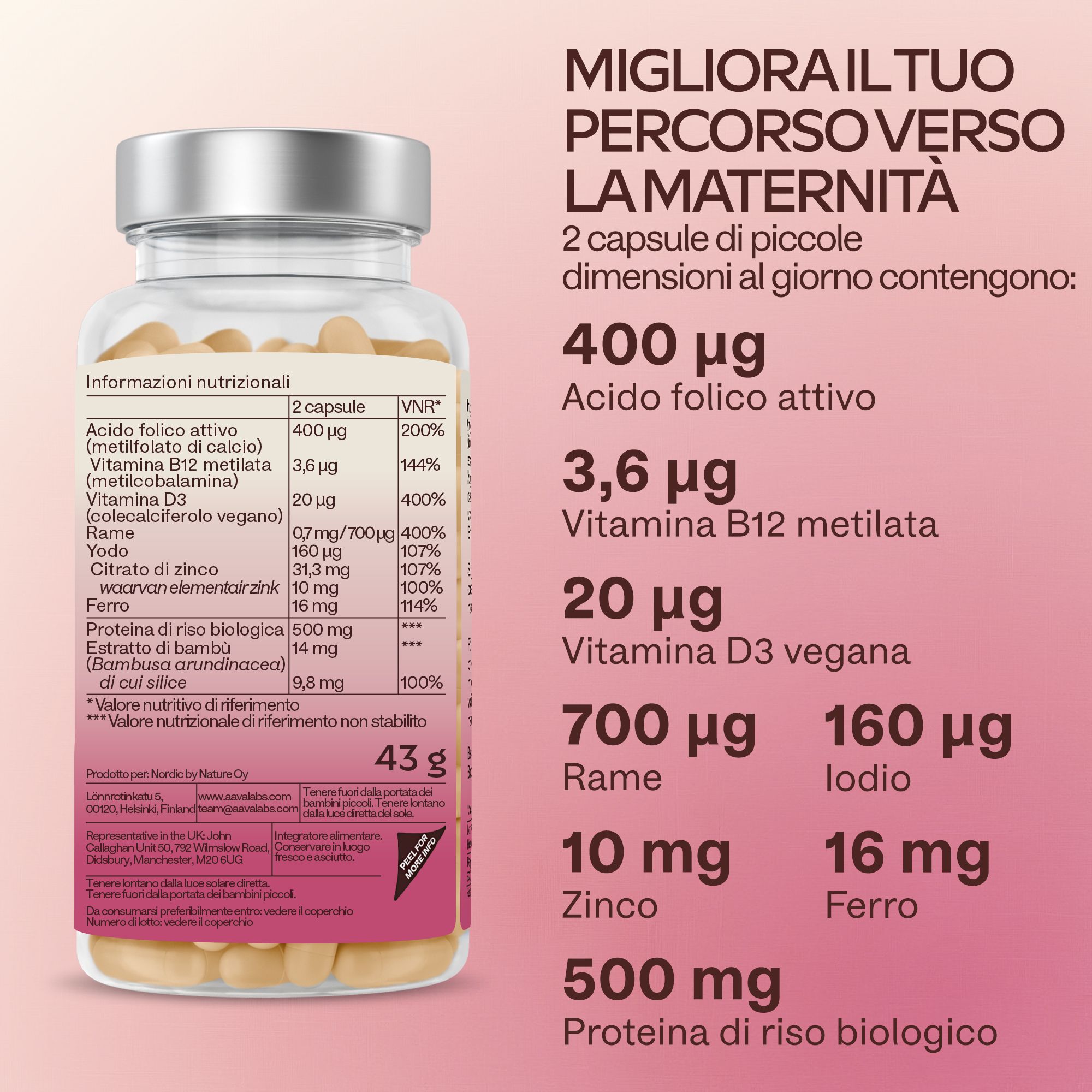 Retro delle capsule di acido folico Aavalabs. Informazioni nutrizionali. Contiene 400 μg di acido folico, B12, zinco, ferro, iodio.