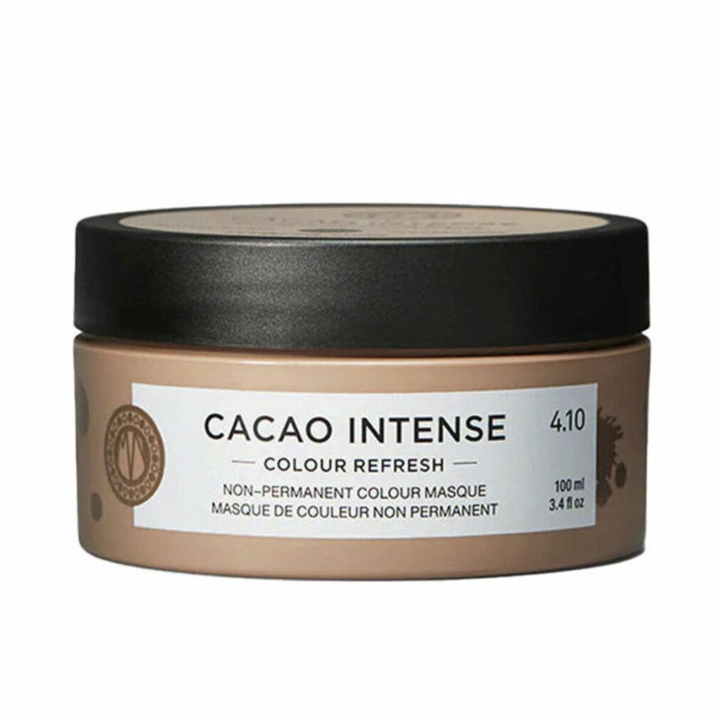 Vaso rotondo con coperchio marrone. Scritta: Cacao Intense, Colour Refresh, 4.10. Maschera colore non permanente.