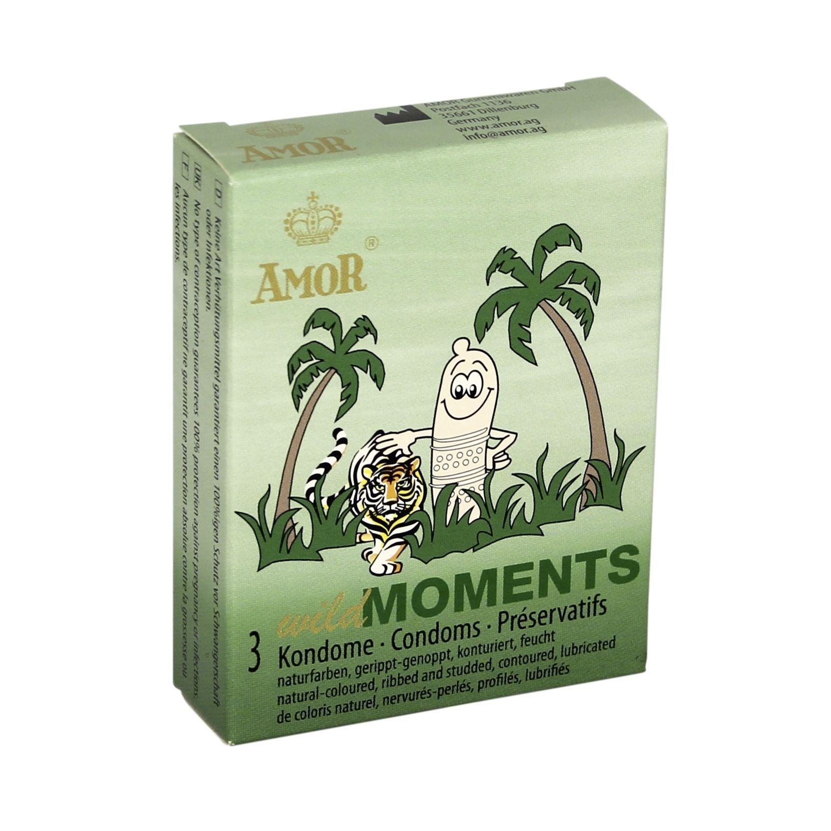 Scatola verde AMOR Wild Moments. Illustrazione: tigre, palme, preservativo sorridente. Contiene 3 preservativi.
