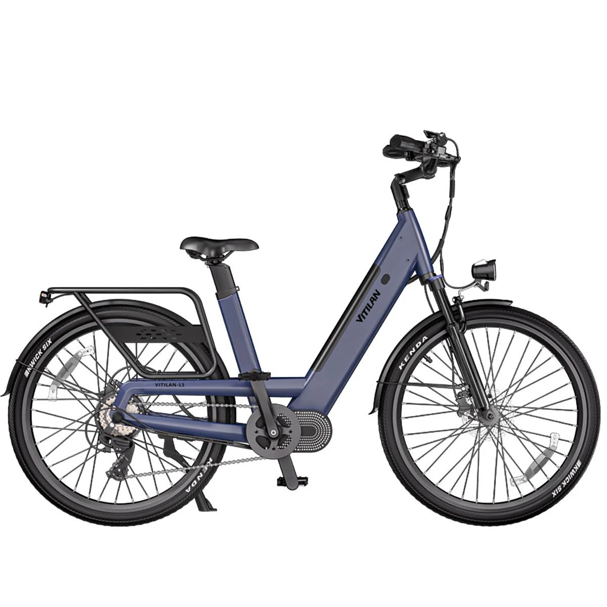 Bicicletta elettrica blu Vitilan L5 con portapacchi, faro e pneumatici Kenda. Marchio visibile.