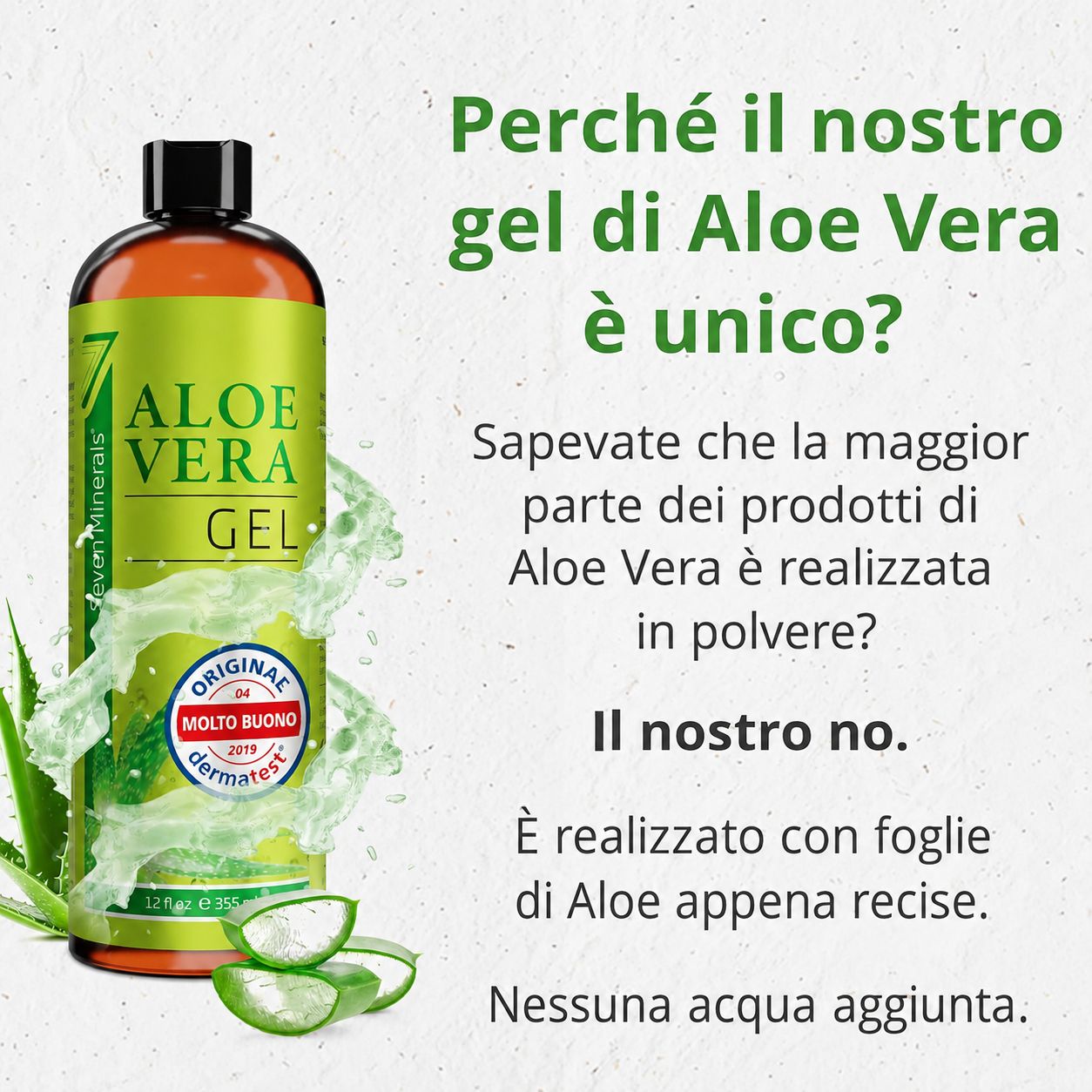 Flacone di gel di aloe vera. Testo: Perché il nostro gel di aloe vera è unico? Realizzato con foglie di aloe appena tagliate.
