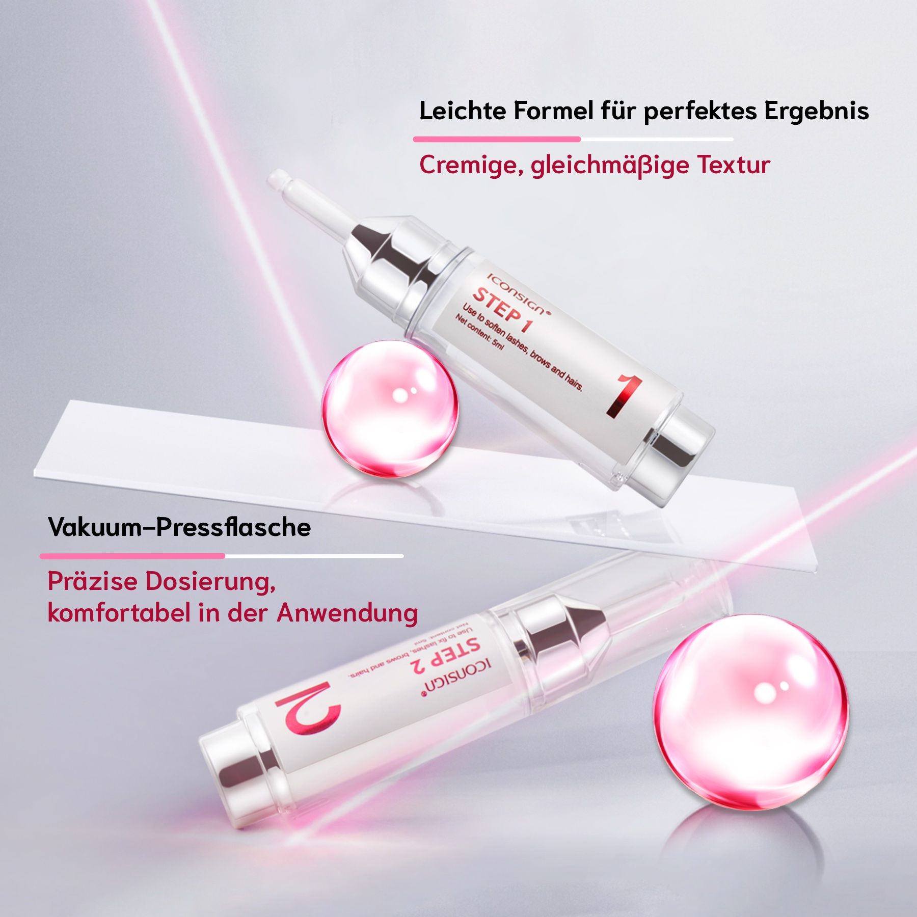 Due flaconi con "STEP 1" e "STEP 2". Sui flaconi c'è scritto "ICONSIGN". Testo su una formula leggera e sfere rosa.