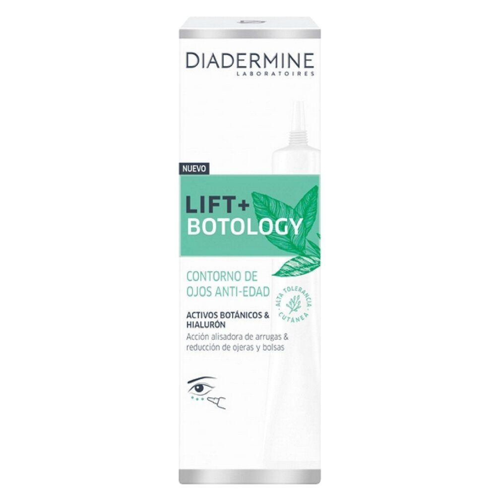 Diadermine Lift + Botology Eye Contour. Tubo bianco. Testo: Nuevo, Lift + Botology, Contorno de ojos anti-edad, Activos botánicos & hialuron.